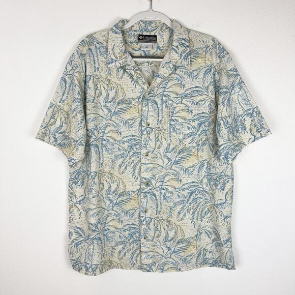 Columbia Shirt Mens Casual Button Down Hawaiian Tropical Print Ivory Blue Large - Picture 1 of 7